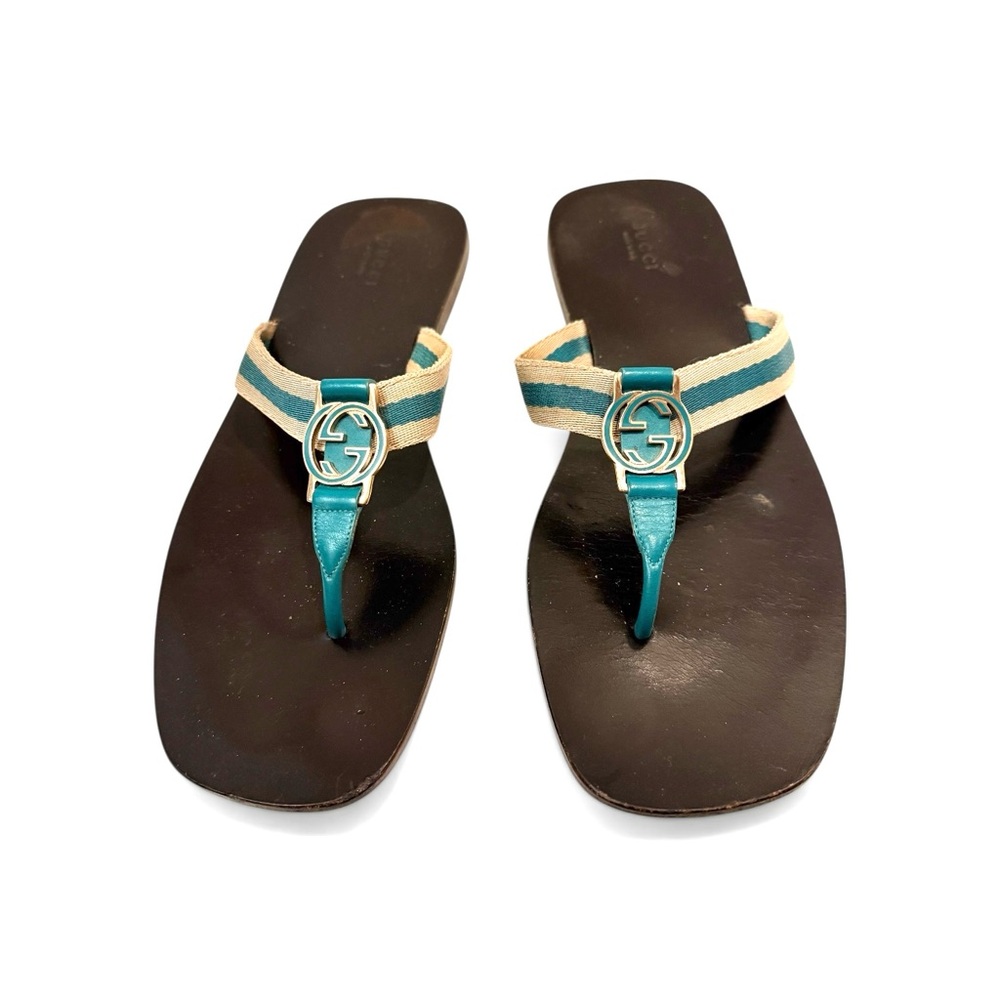 Gucci GG Logo Teal Leather and Cream Striped Thong Sandals Women’s 9.5
